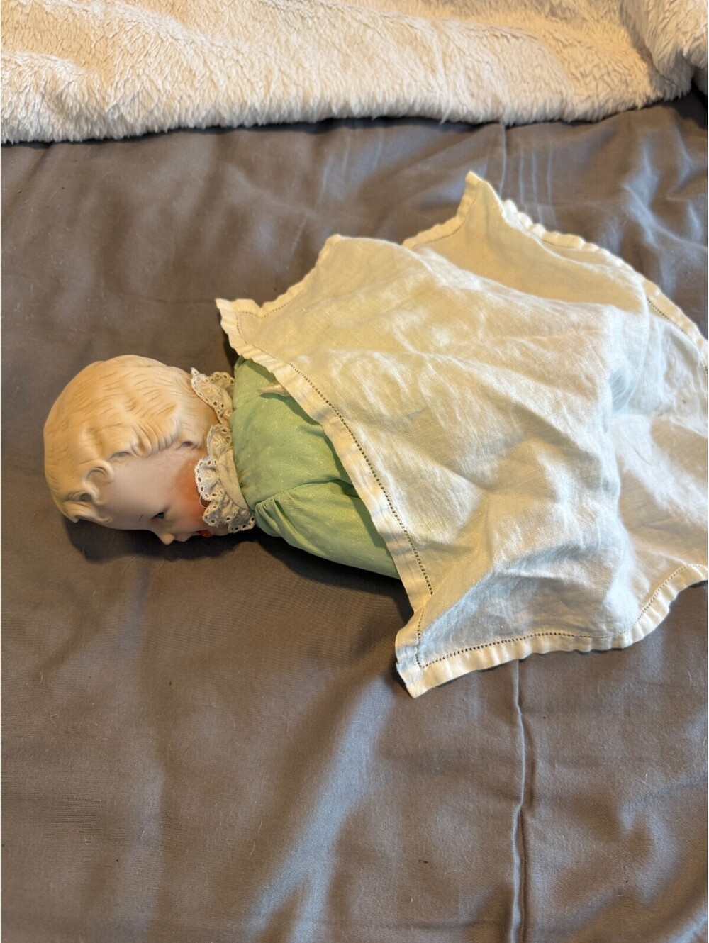 Vintage Porcelain Laughing Baby Doll Heubach Style Molded Hair Cloth Body 14 in